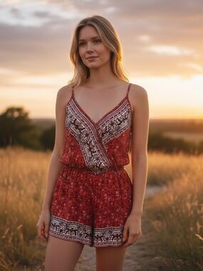Band Of Gypsies Woman’s Red Floral Romper Pockets Size Small Boho Beach Summer